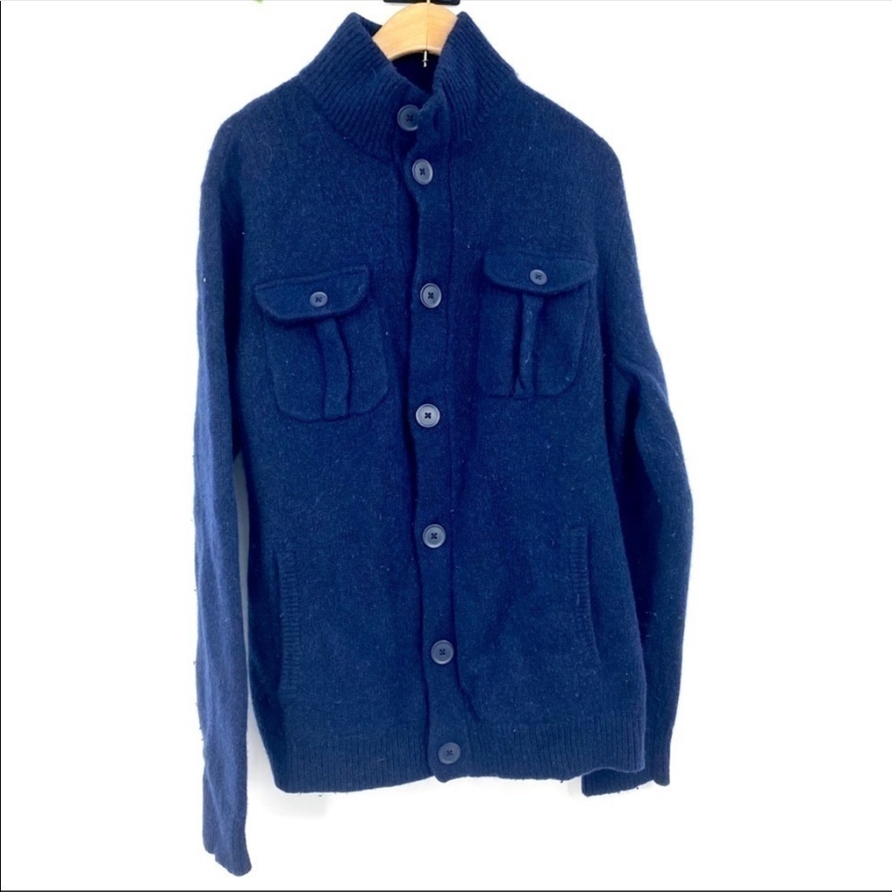 Express Mens mock neck button front navy wool cardigan L